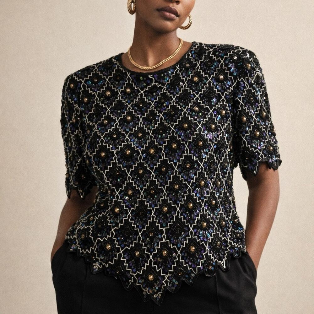 Laurence Kazar Black Beaded Top Art Deco Sequin Vintage 80s Evening 1X